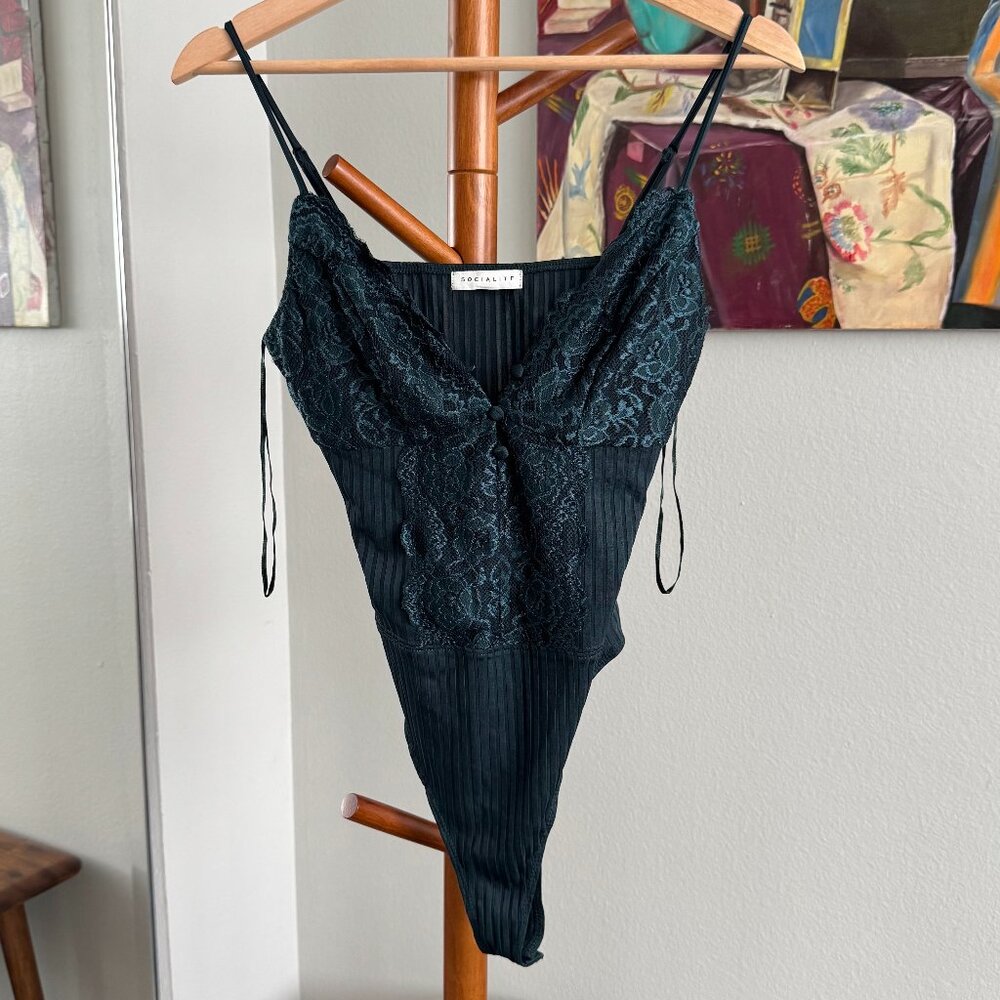 Socialite - Lace & Ribbed Bodysuit in Deep Teal